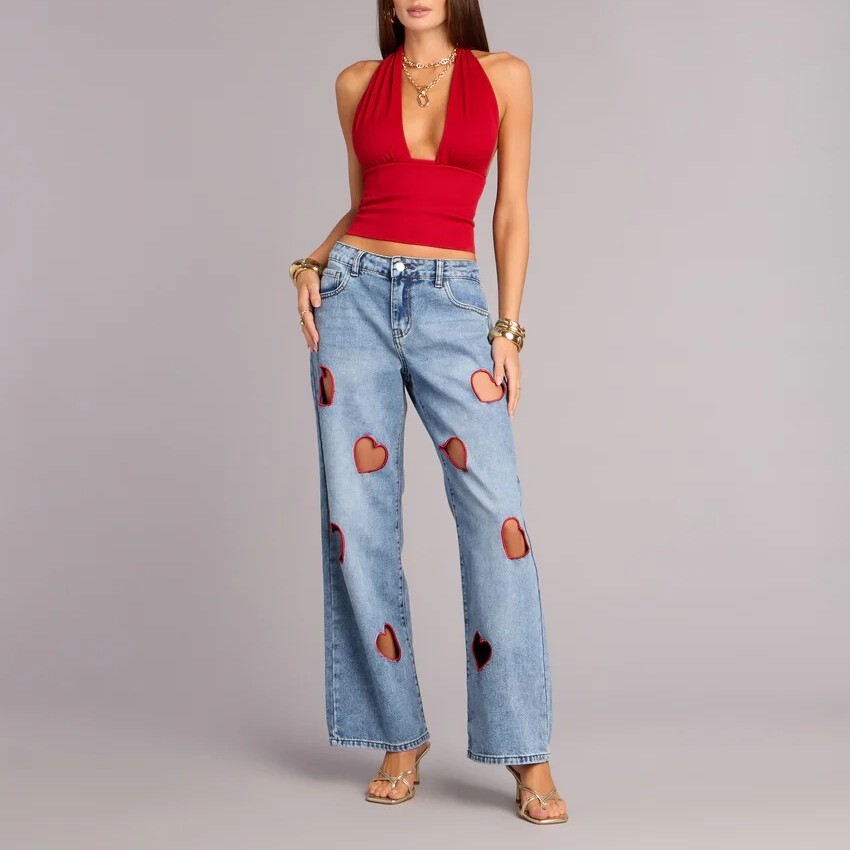 Red Heart紅色裸空愛心牛仔寬褲