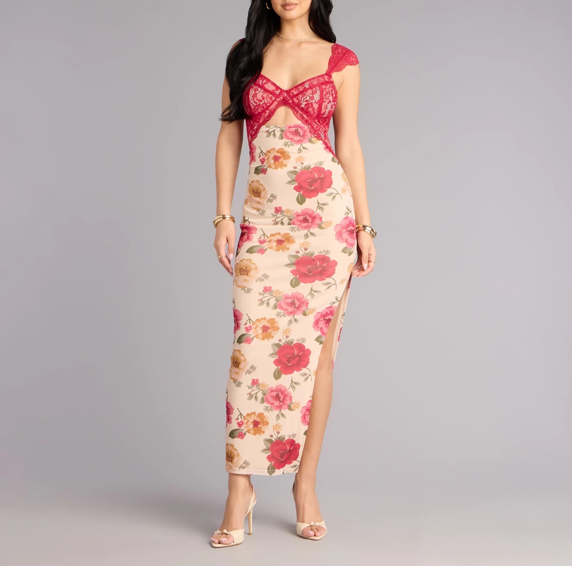 Red Floral奶油樱桃紅色印花蕾絲Maxi Dress