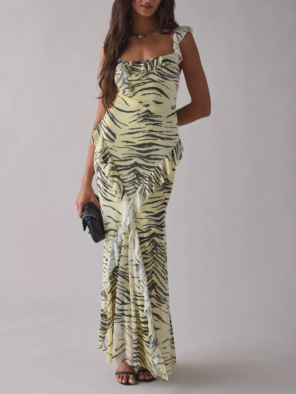 Yellow Ruffle檸檬黃色斑馬紋荷葉露背長洋裝