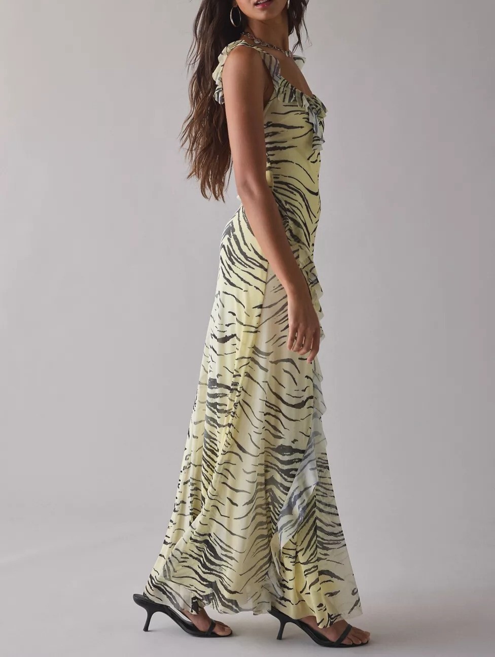 Yellow Ruffle檸檬黃色斑馬紋荷葉露背長洋裝