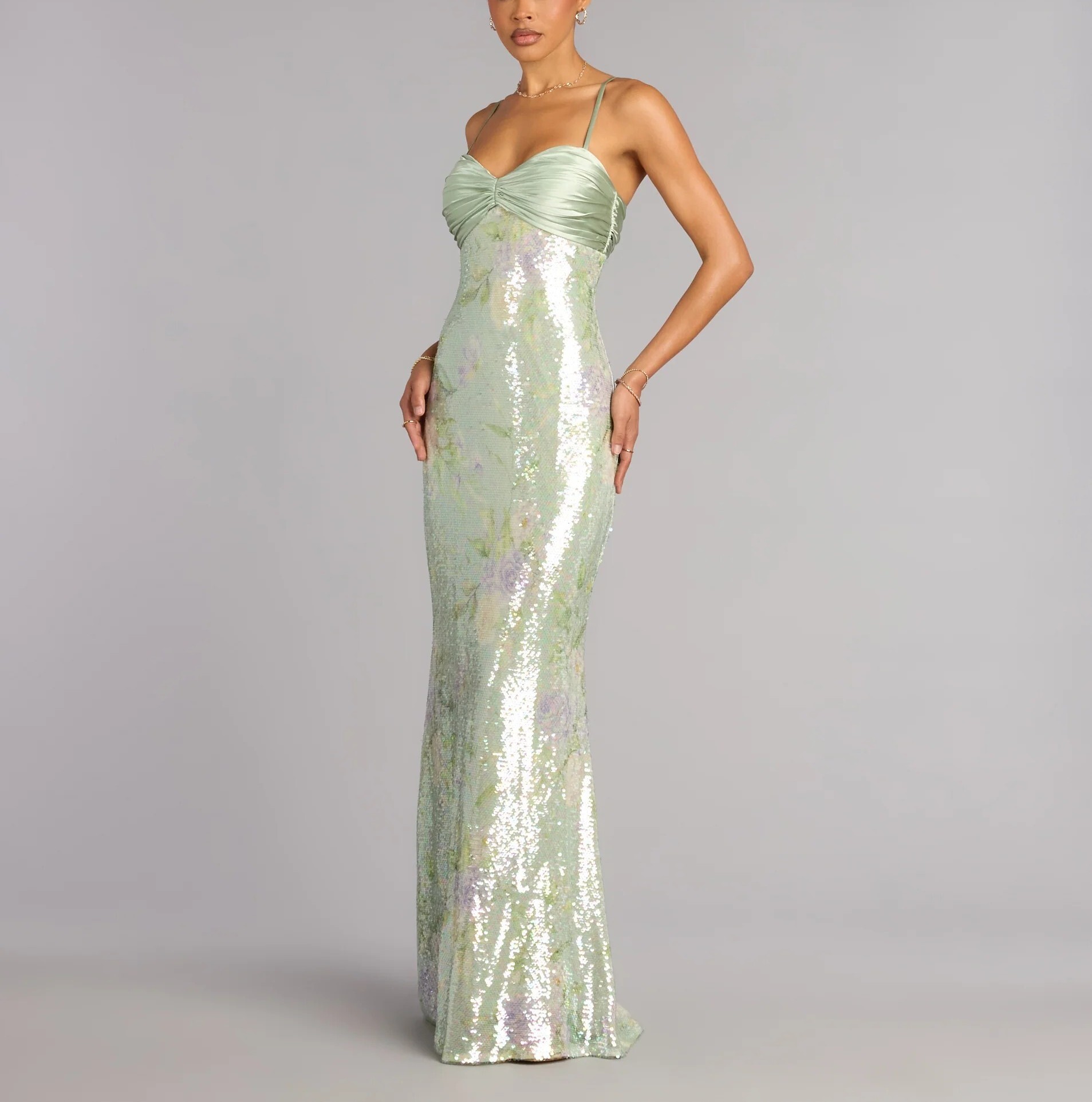 Sage Mermaid湖水綠抓皺緞面印花亮片魚尾長禮服