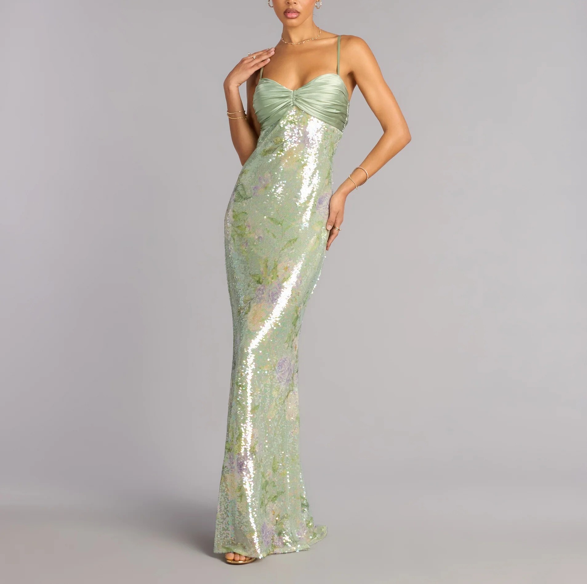 Sage Mermaid湖水綠抓皺緞面印花亮片魚尾長禮服