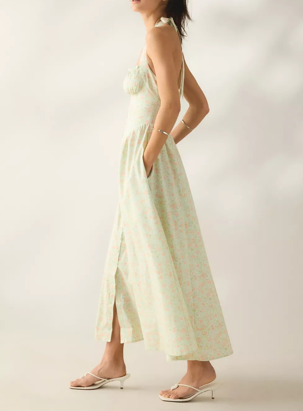 Green Tea粉綠色小花蕾絲馬甲Midi Dress