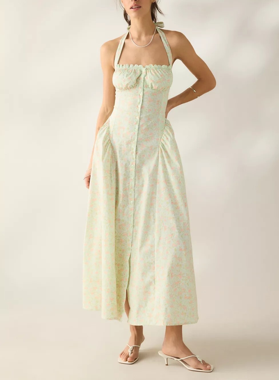 Green Tea粉綠色小花蕾絲馬甲Midi Dress