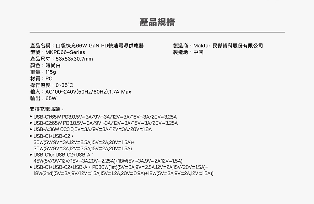 Maktar 66W GaN 氮化鎵【 時尚白 】充電器 口袋快充 3孔快充