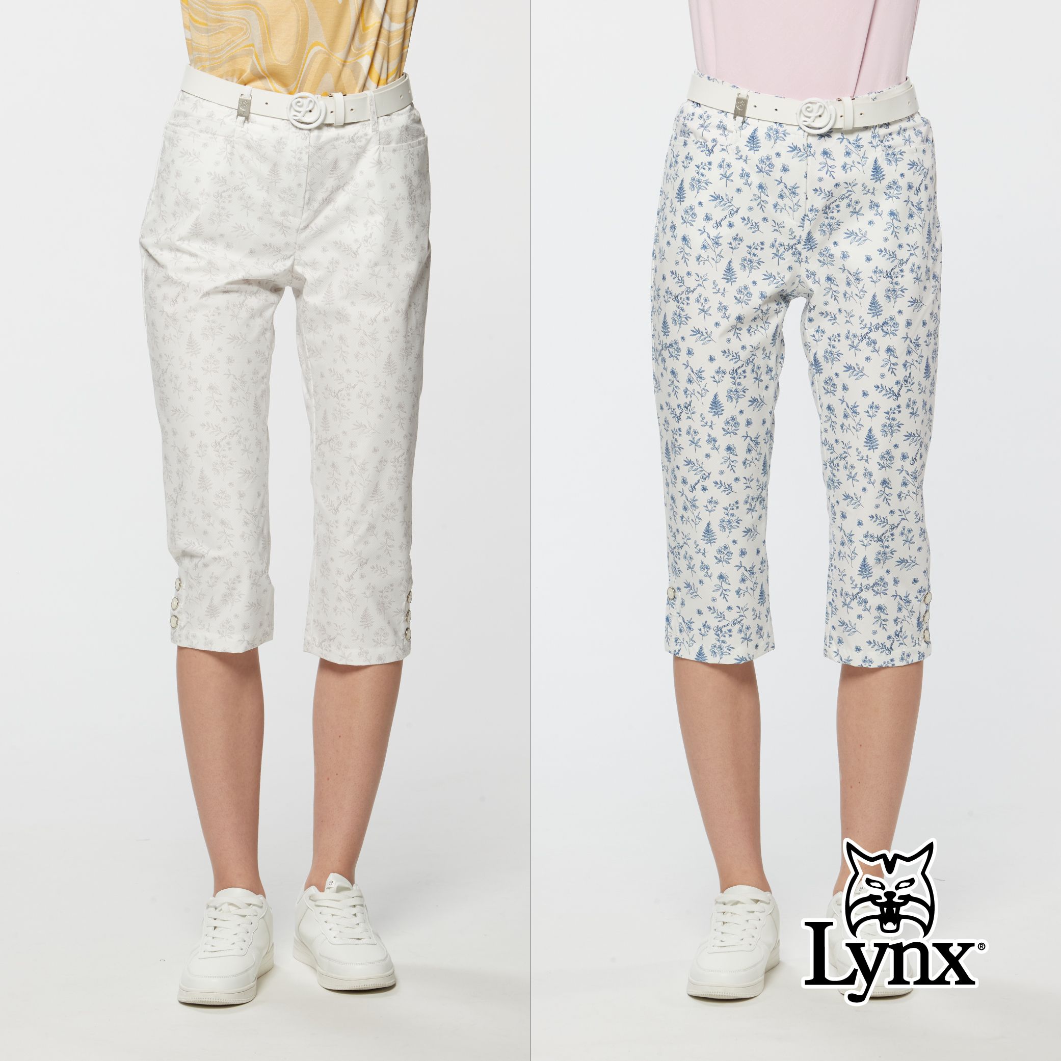 女款吸濕排汗甜美花卉印花開杈鈕扣設計七分褲