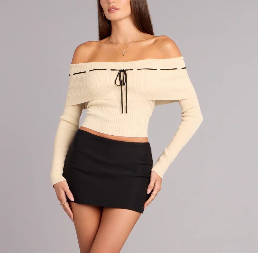 Oat Cream 燕麥奶油色羅紋針織翻領露肩蝴蝶結上衣