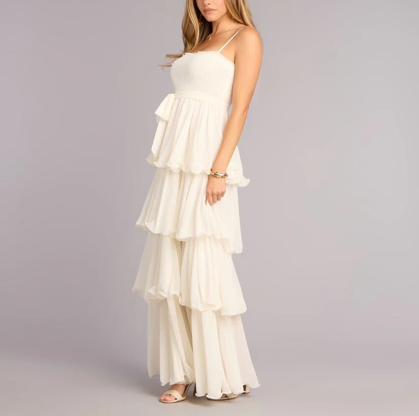 Ivory米白色雪紡紗層次荷葉飾邊Dress