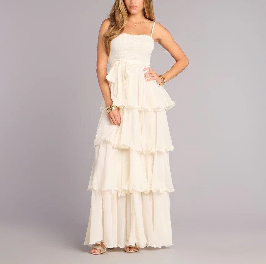 Ivory米白色雪紡紗層次荷葉飾邊Dress