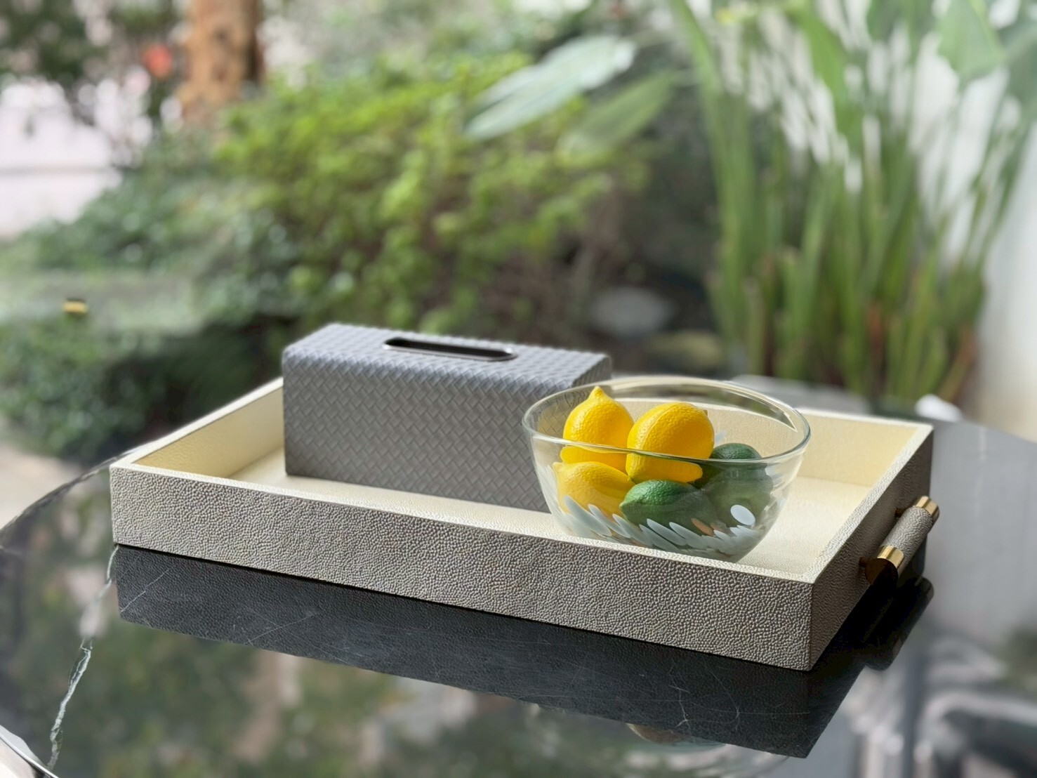 魟魚皮紋黃銅圓手把托盤