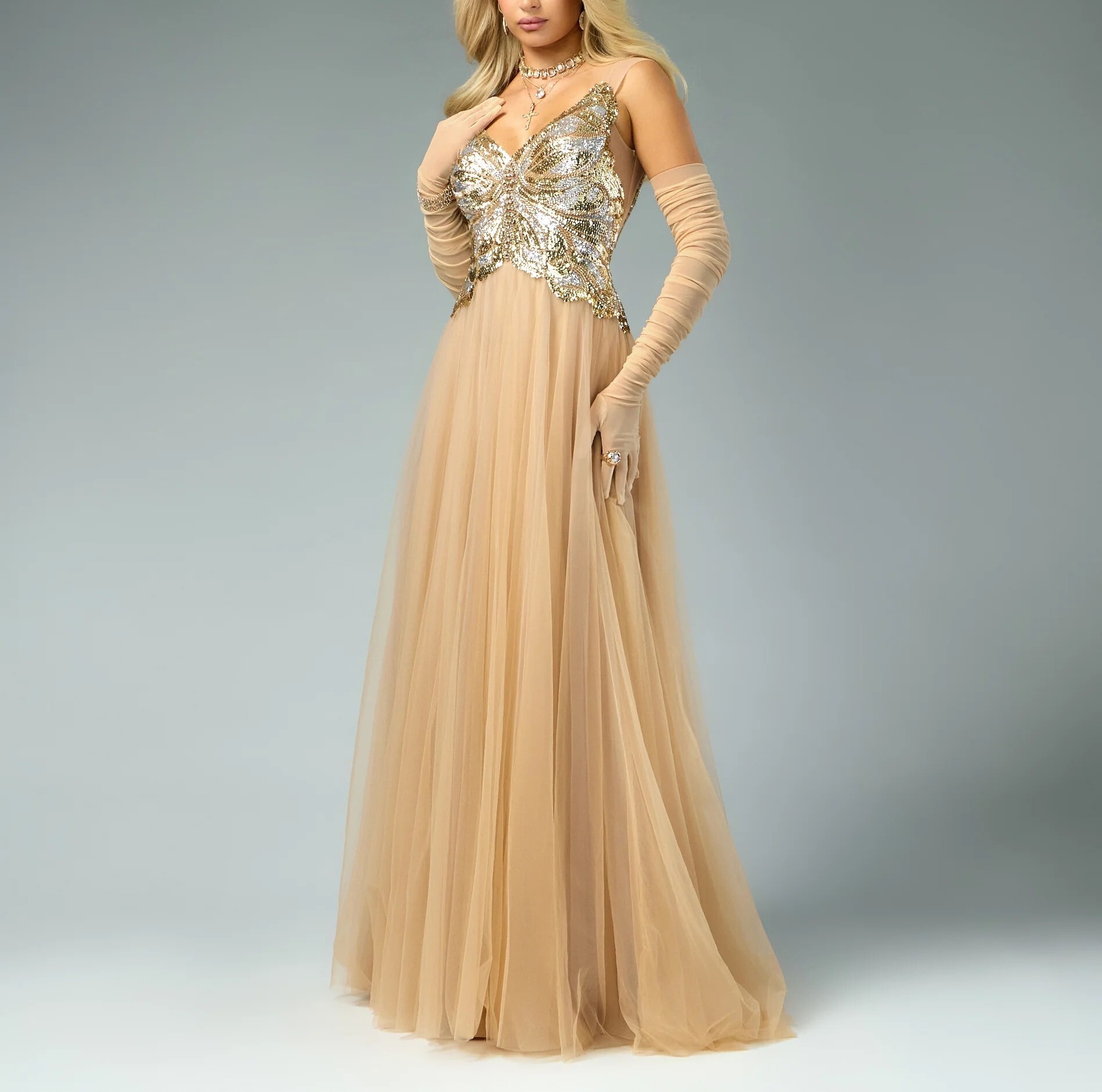 Lux Taupe米褐色蝴蝶亮片澎紗長禮服Dress