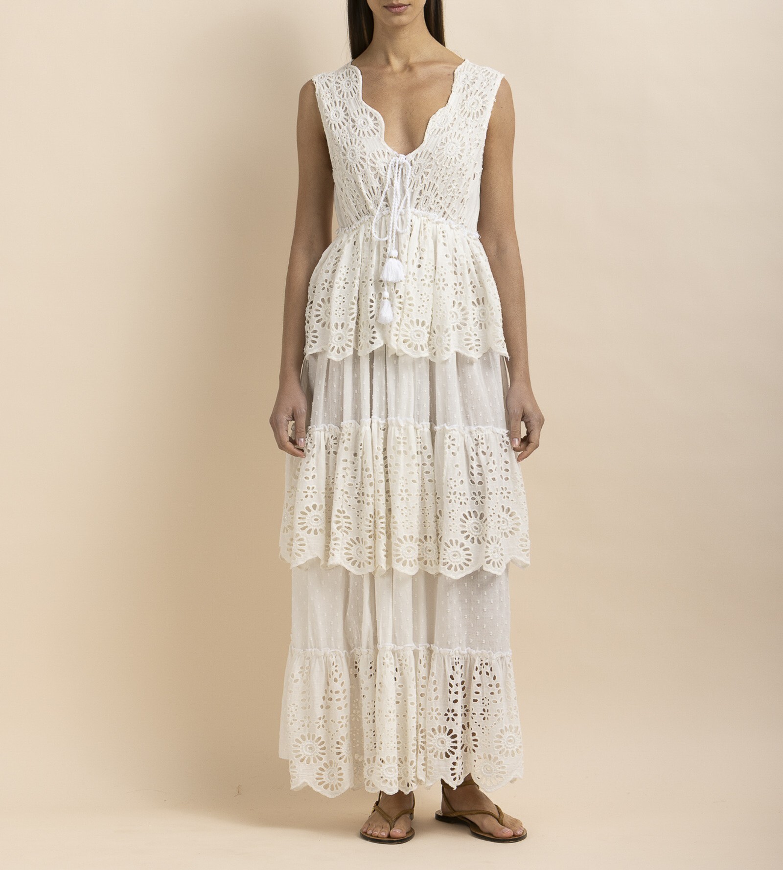 Italy Cotton義大利白色手勾蕾絲點點紗長洋裝