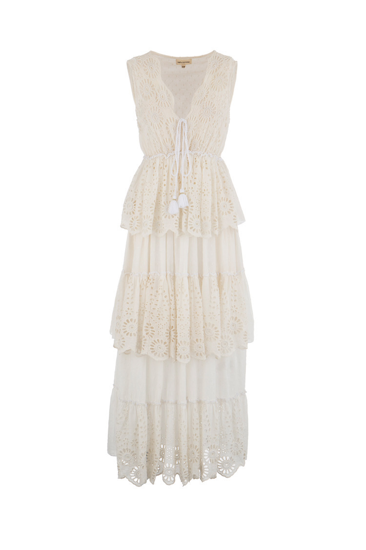 Italy Cotton義大利白色手勾蕾絲點點紗長洋裝