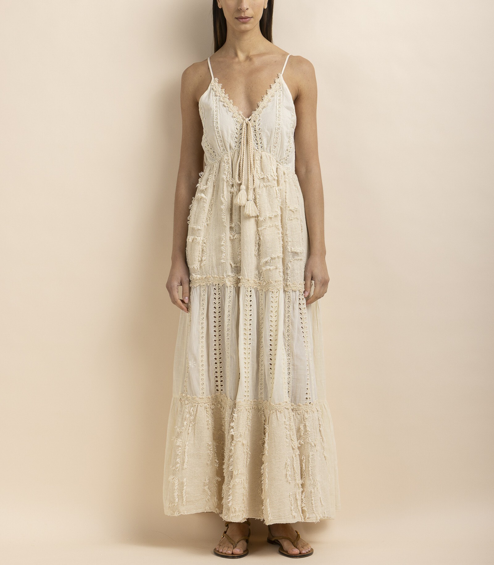 Italy Cotton義大利奶油白色洞眼蕾絲拼接長洋裝