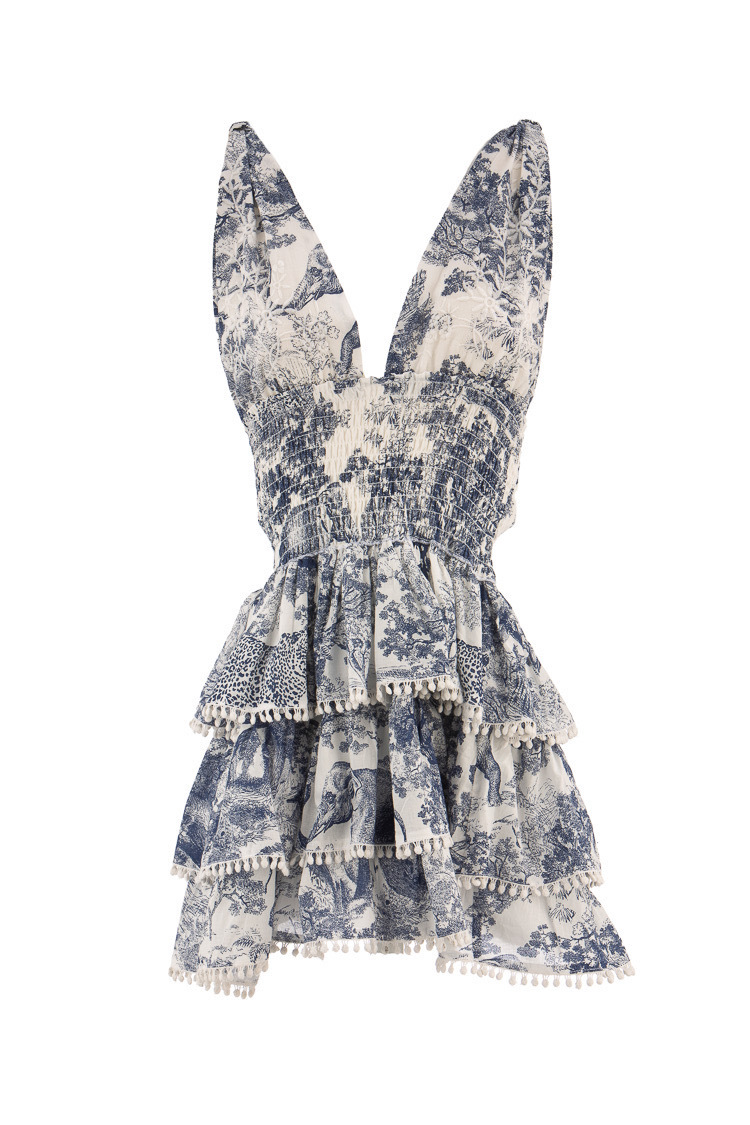 Italy Cotton義大利藍白印花露背綁帶Mini Dress