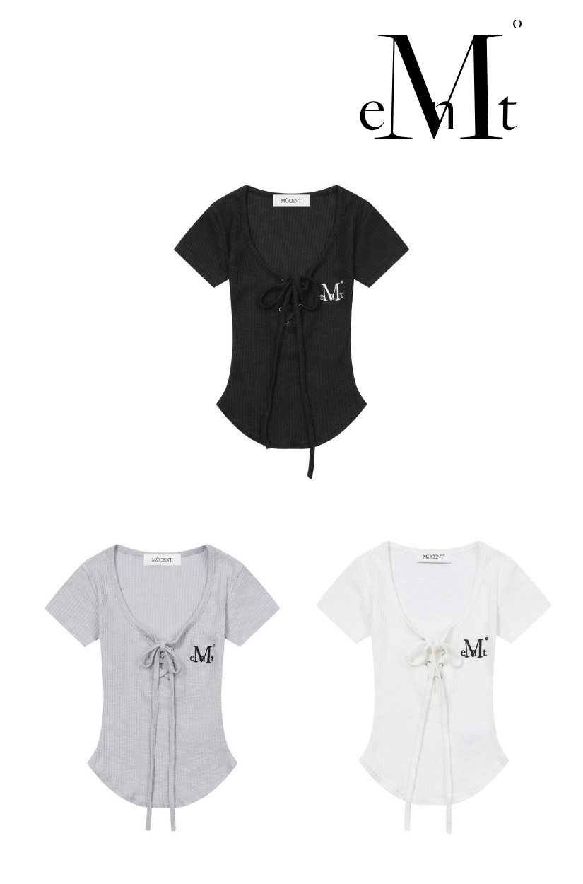 【 4/19收單 】MUCENT 芭蕾風刺繡綁帶羅紋短版上衣 韓國