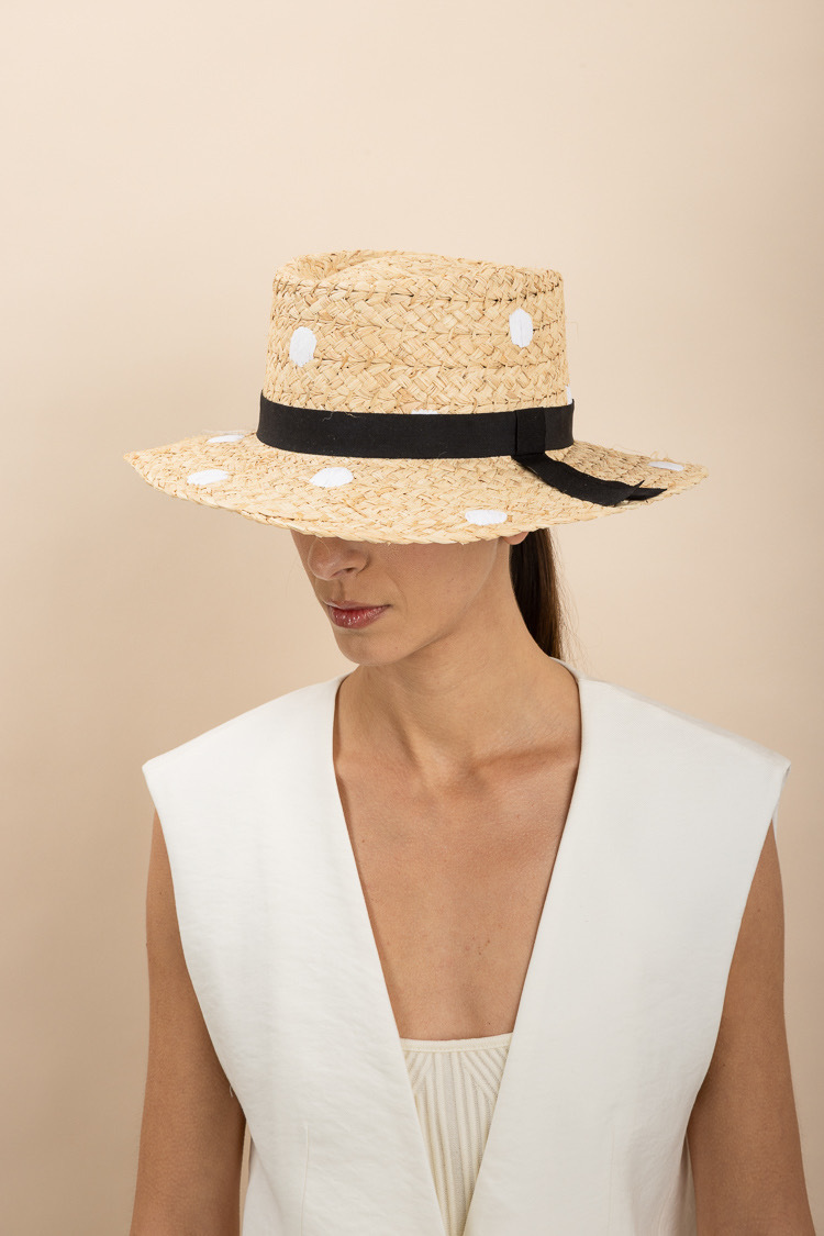 Italy Love義大利白色圓點黑織帶手工草帽