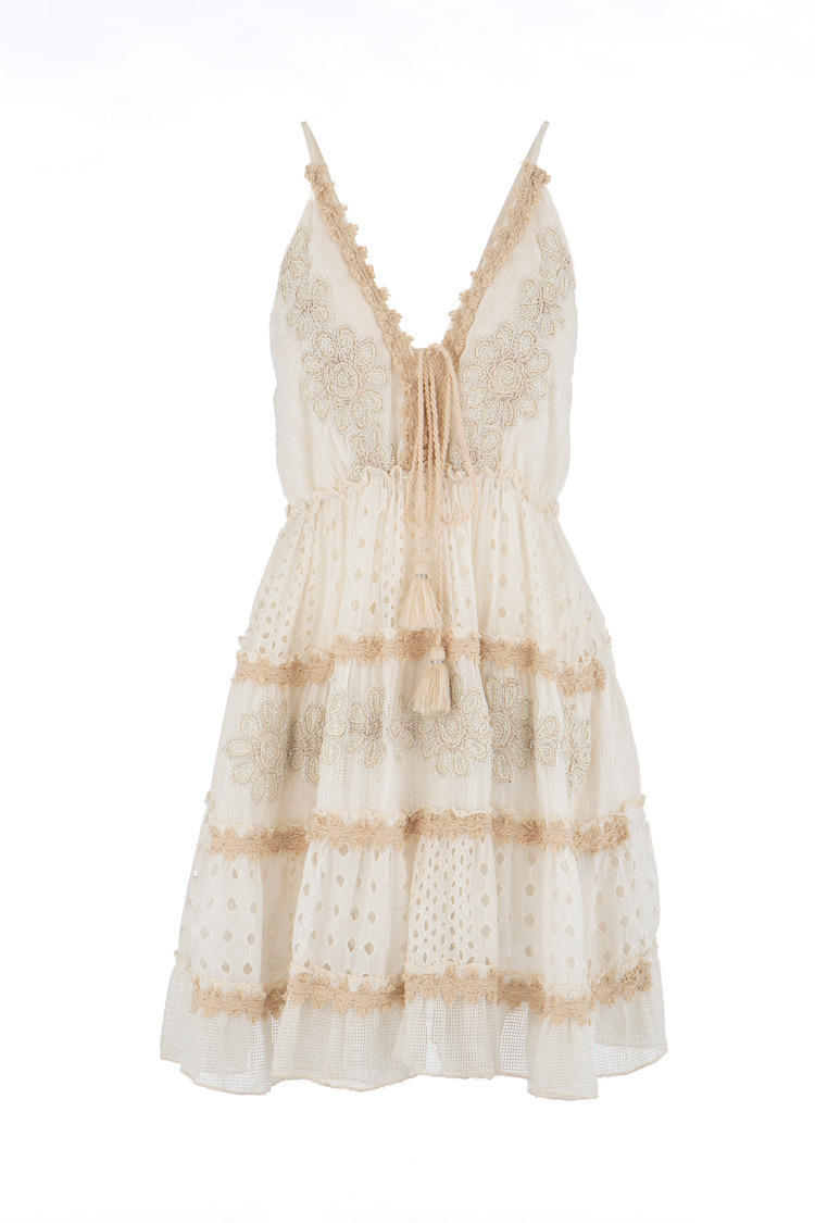 Italy Cotton義大利米白色手勾蕾絲布Mini Dress