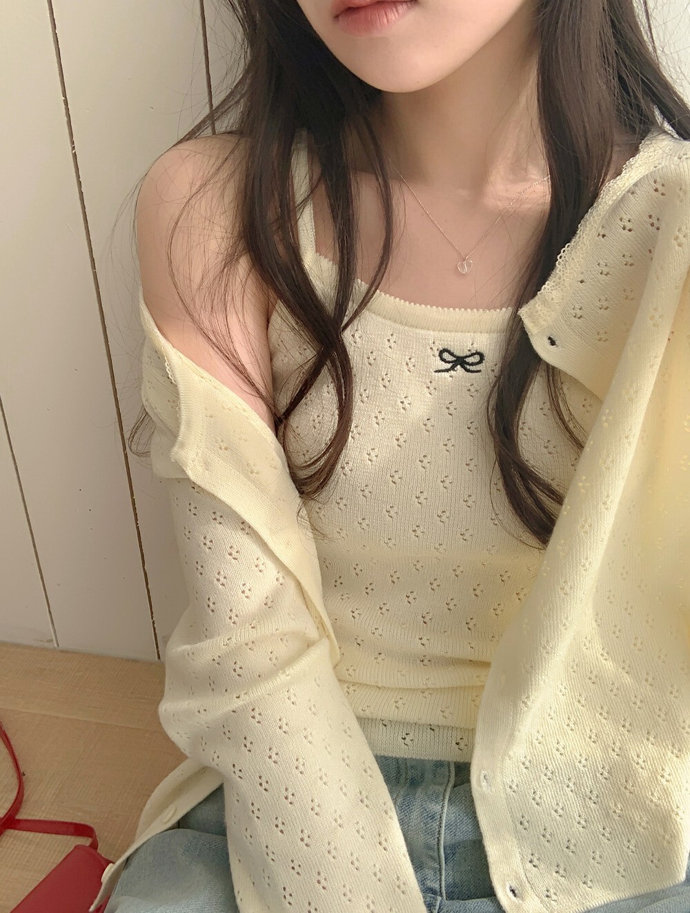 韓國grace muse授權 春意可愛織花蝴蝶結背心+罩衫SET