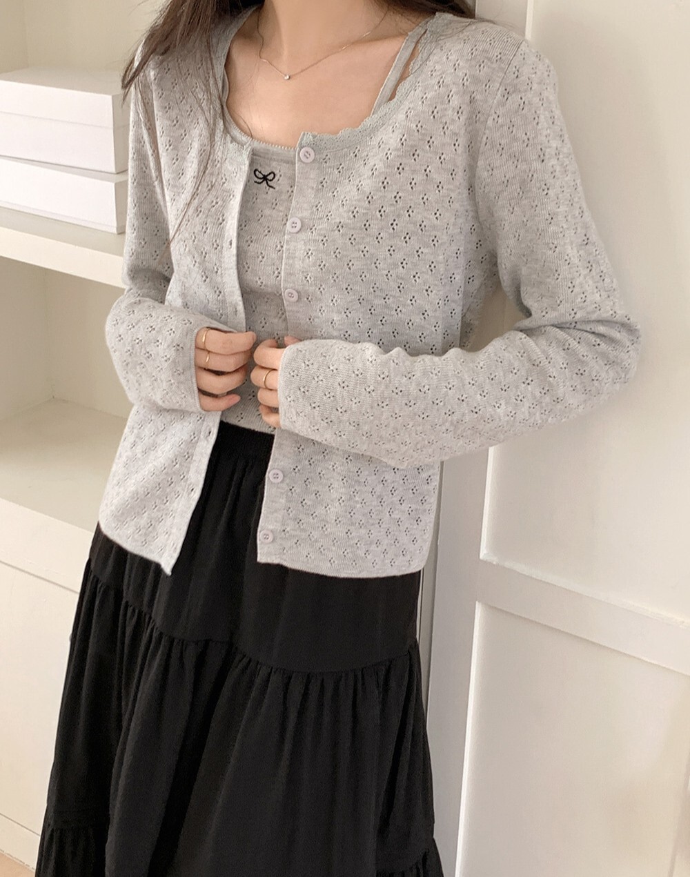 韓國grace muse授權 春意可愛織花蝴蝶結背心+罩衫SET