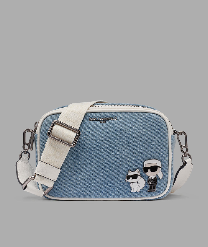 RT88 KL 老佛爺&貓貓立體印章牛仔相機袋MAYBELLE DENIM CROSSBODY WITH DUO PIN