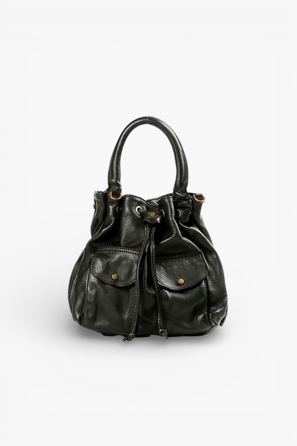 Serena 鞣革水洗素面水桶包 黑色