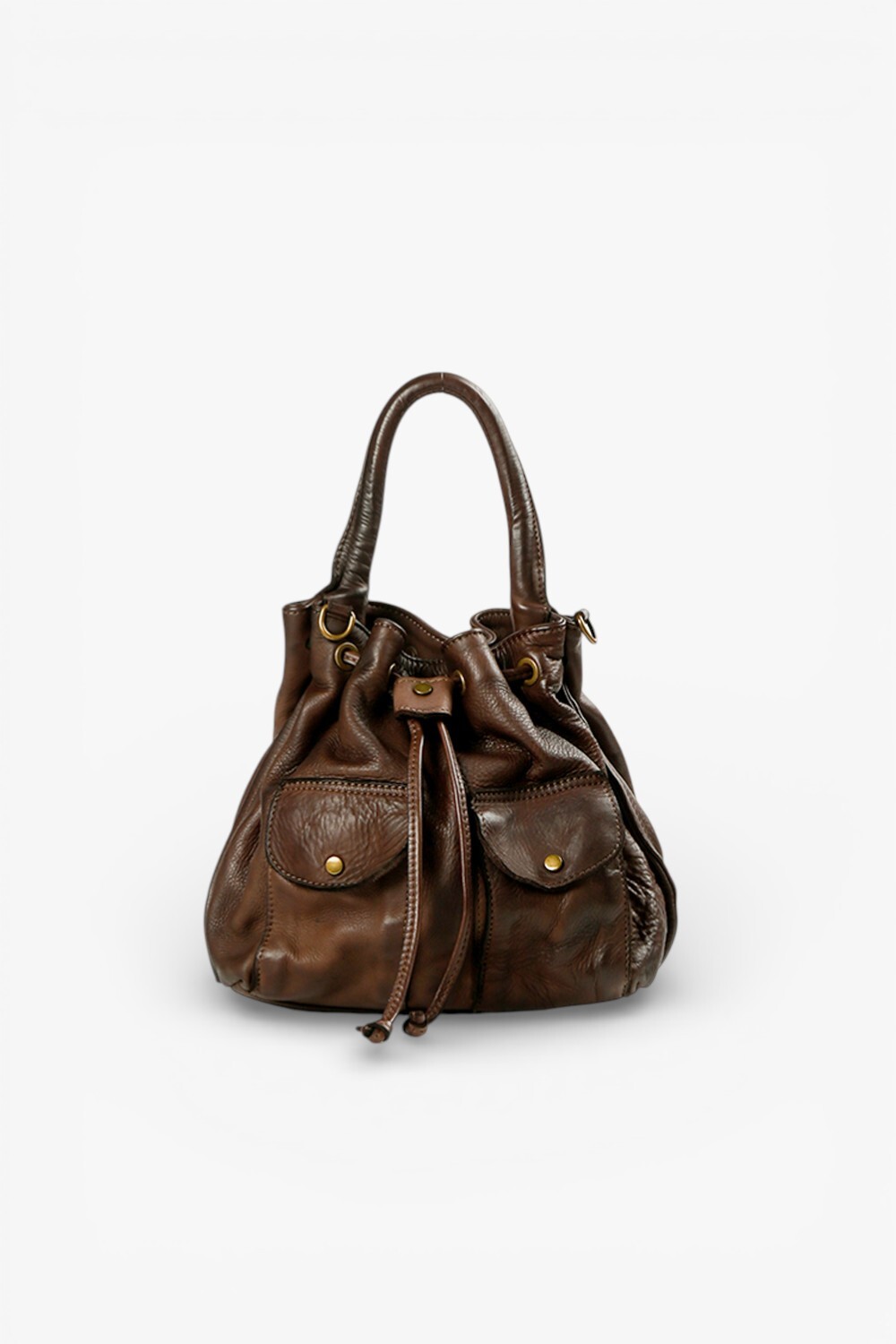 Serena 鞣革水洗素面水桶包 咖啡