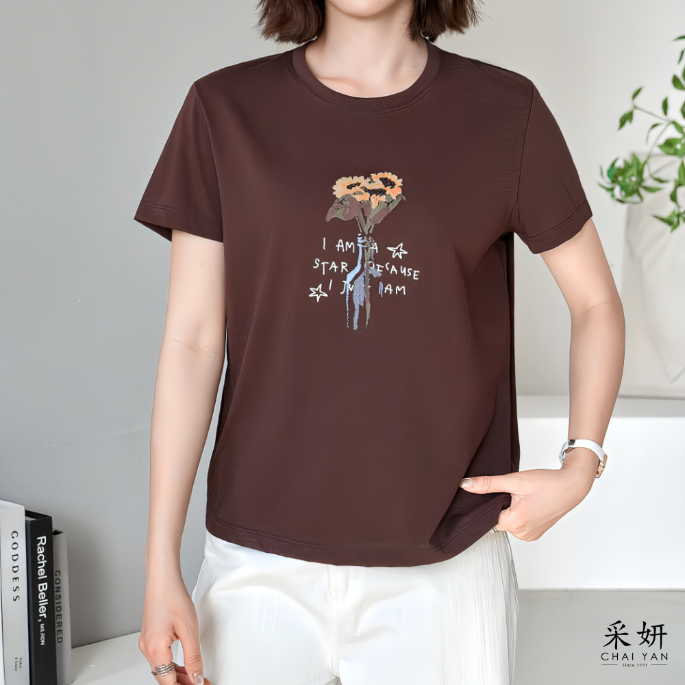 花朵竹節棉短袖上衣