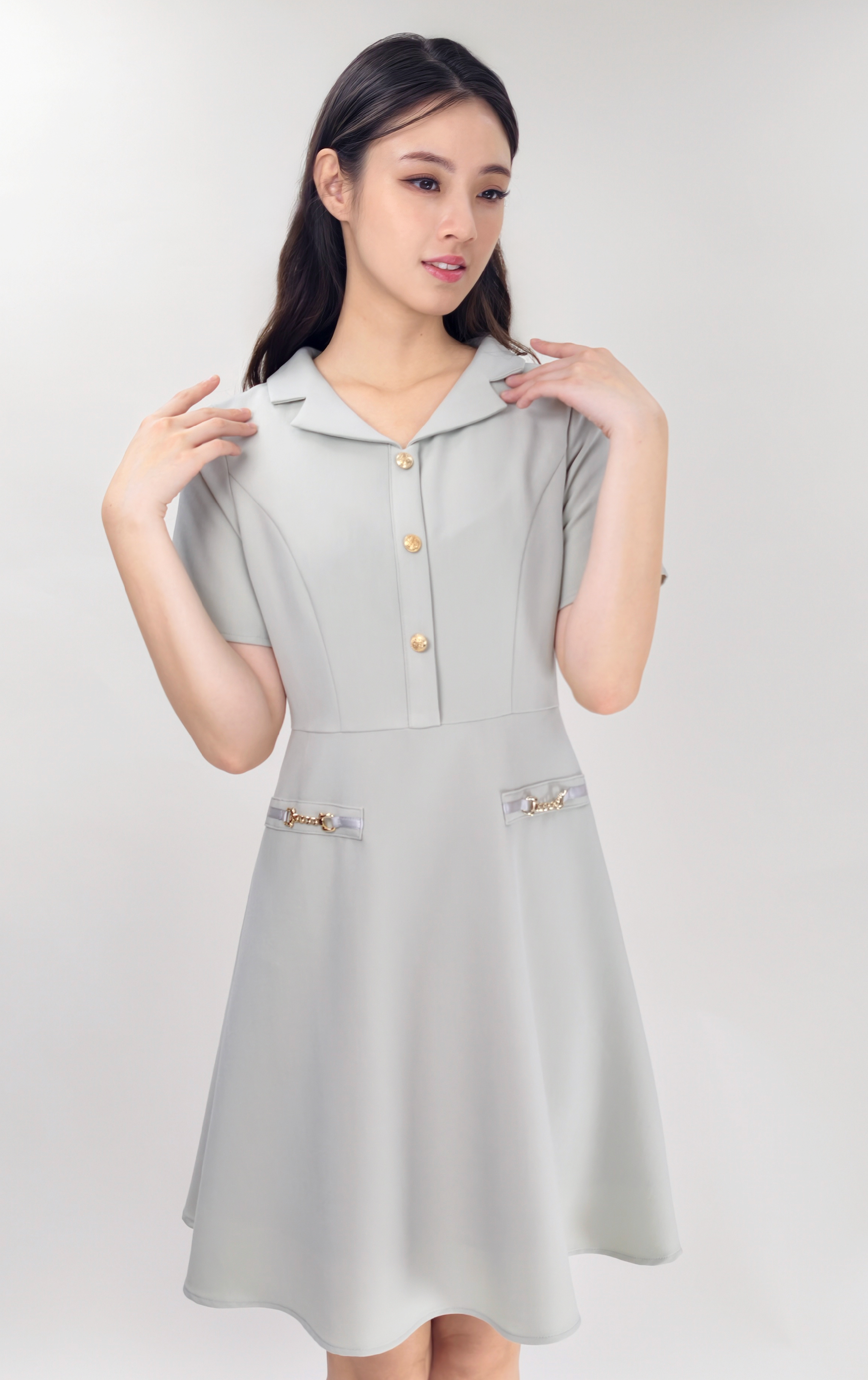 金色鈕A字連身裙 OP0657