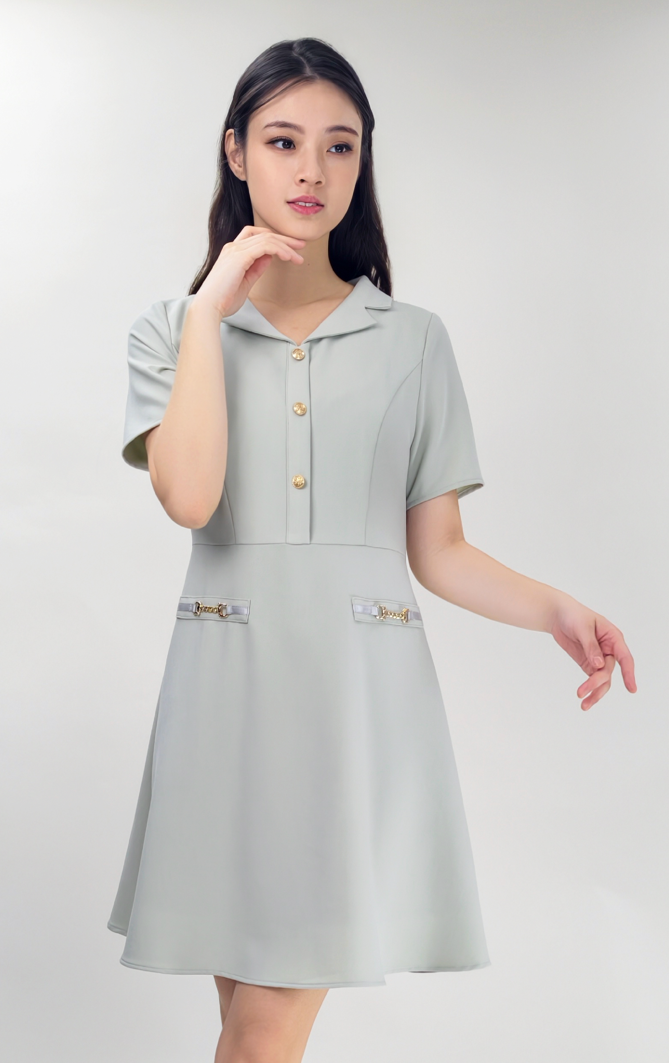 金色鈕A字連身裙 OP0657