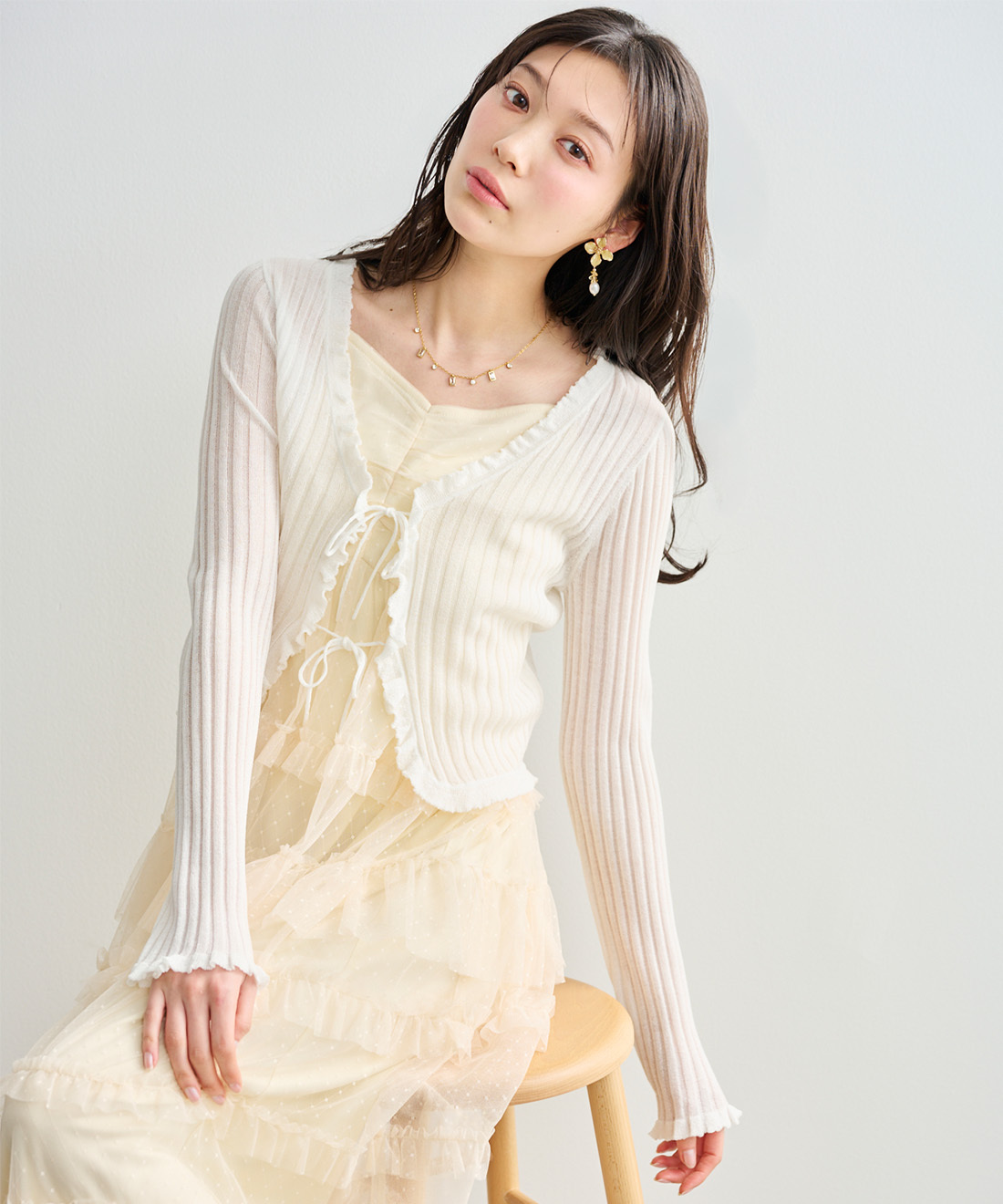 [預購] LILLIAN CARAT 前綁帶透膚針織開襟衫