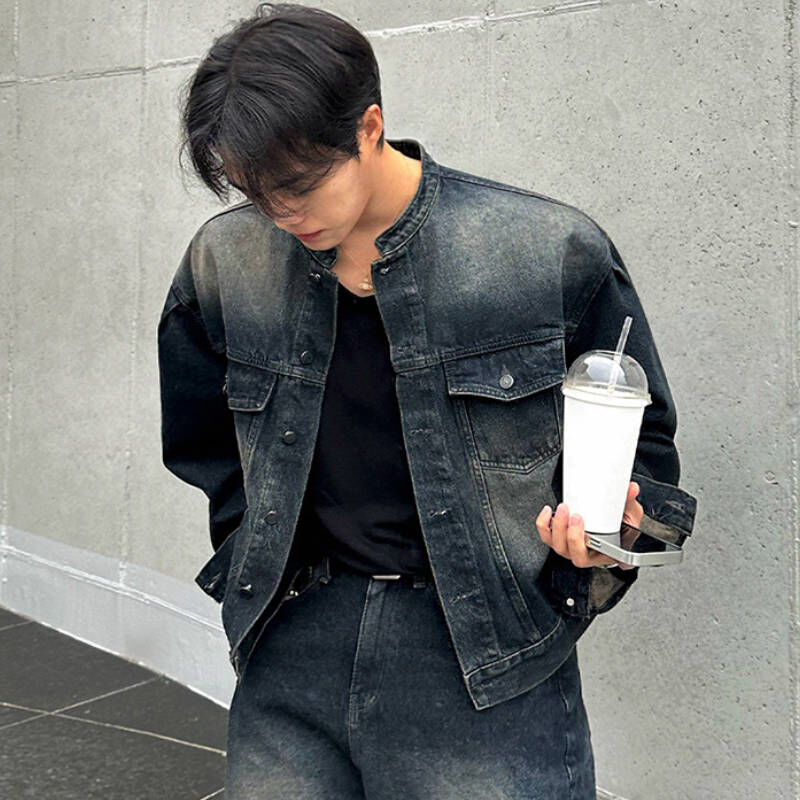 新春超帥氣韓系水洗立領牛仔套裝，整套直接穿出門不用想