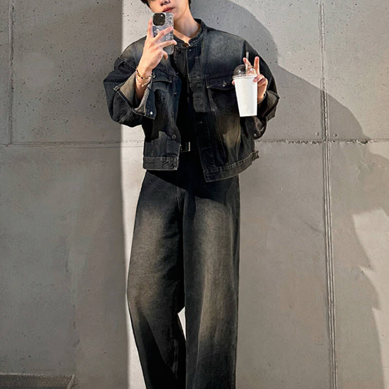 新春超帥氣韓系水洗立領牛仔套裝，整套直接穿出門不用想