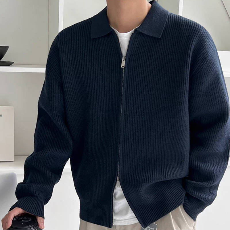 春季老錢風藏藍色翻領針織毛衣外套