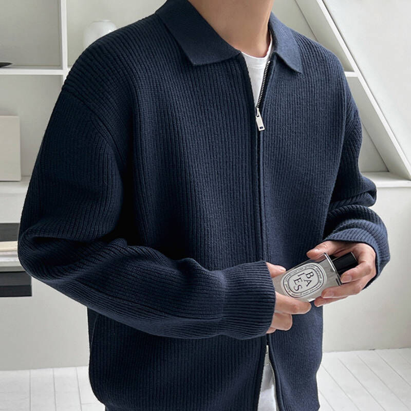 春季老錢風藏藍色翻領針織毛衣外套