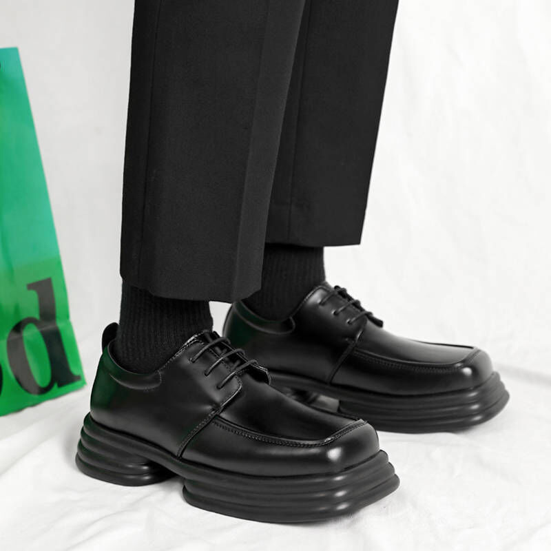 韓版英倫風方頭休閒7cm厚底皮鞋