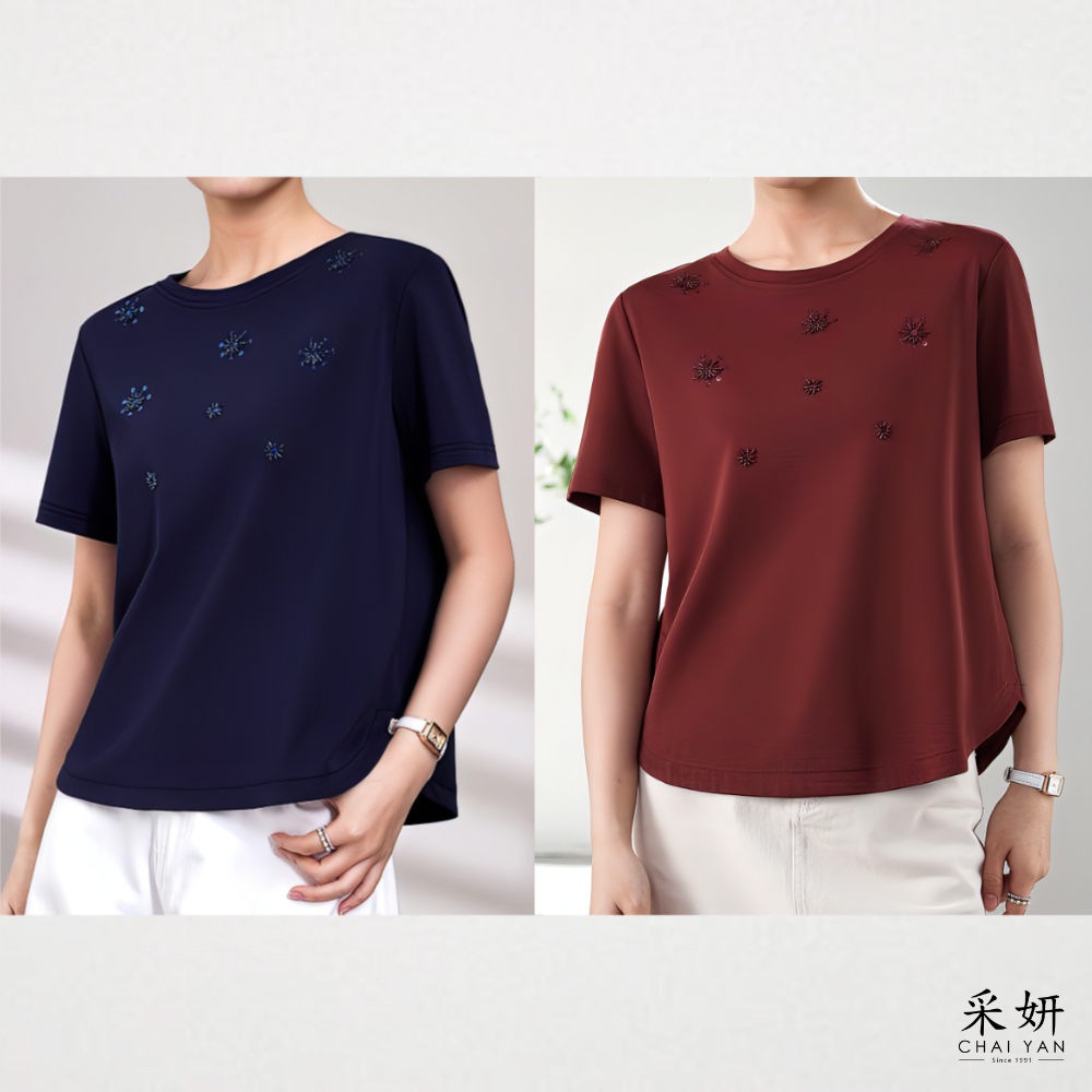 串珠雪花滑棉短袖上衣