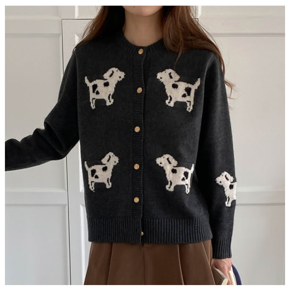 【ASister 小姊姊】AS2220#針織外套☆圓領*黑白小狗*毛衣針織外套(黑色 F)