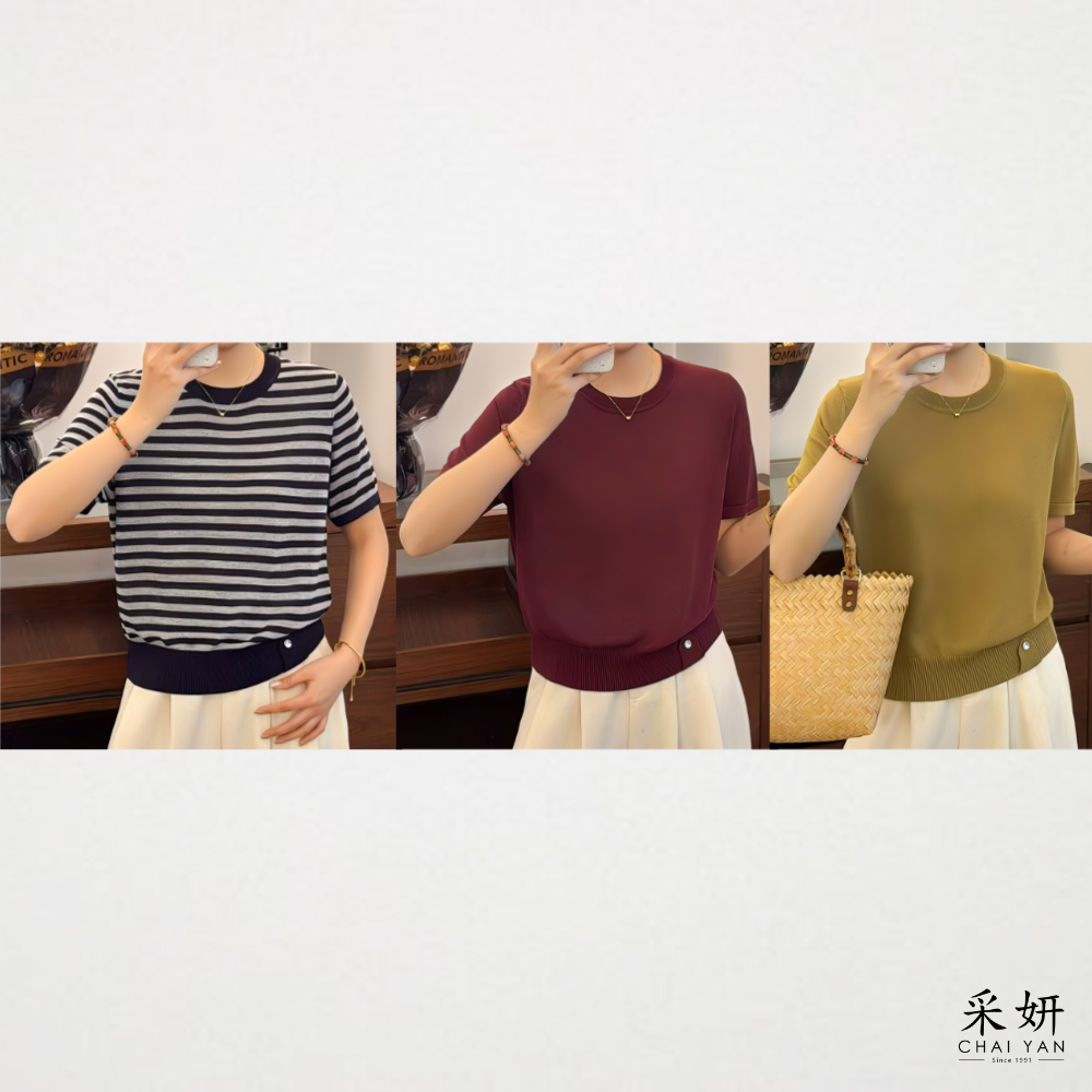 折釦細針織短袖上衣