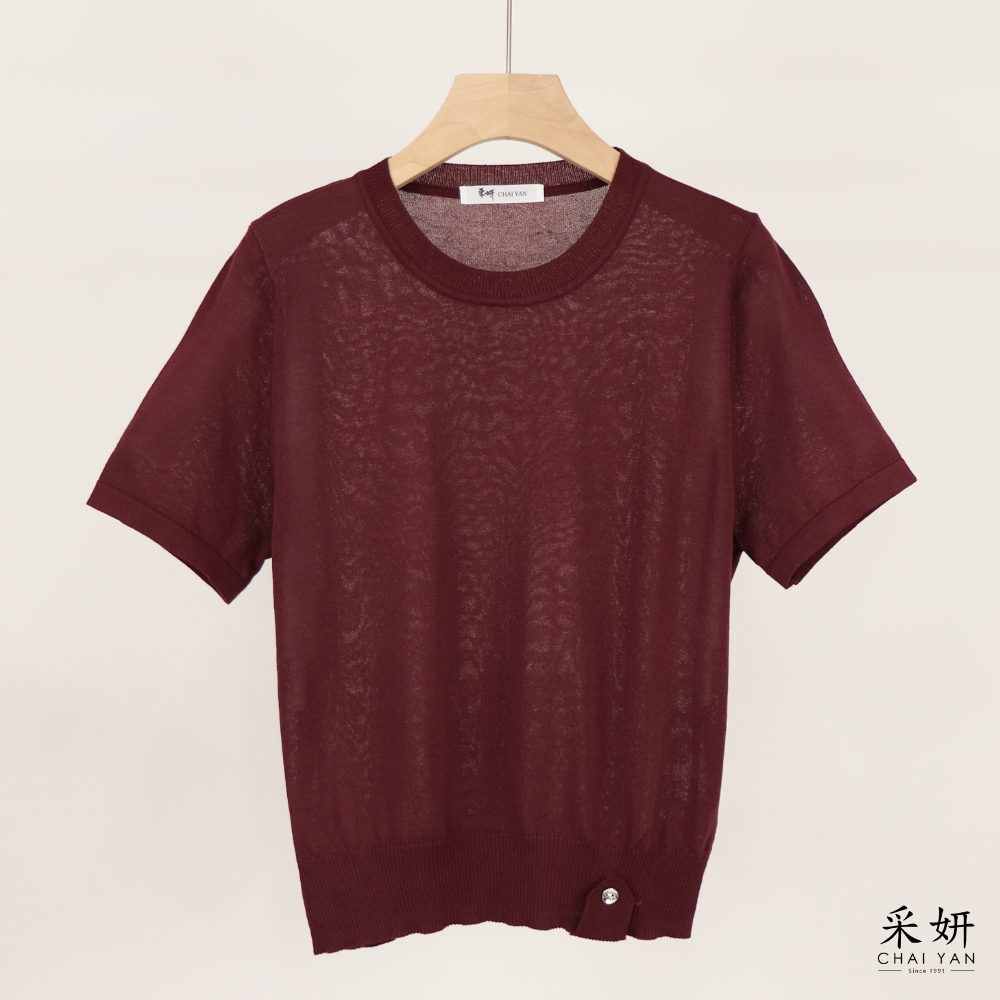 折釦細針織短袖上衣