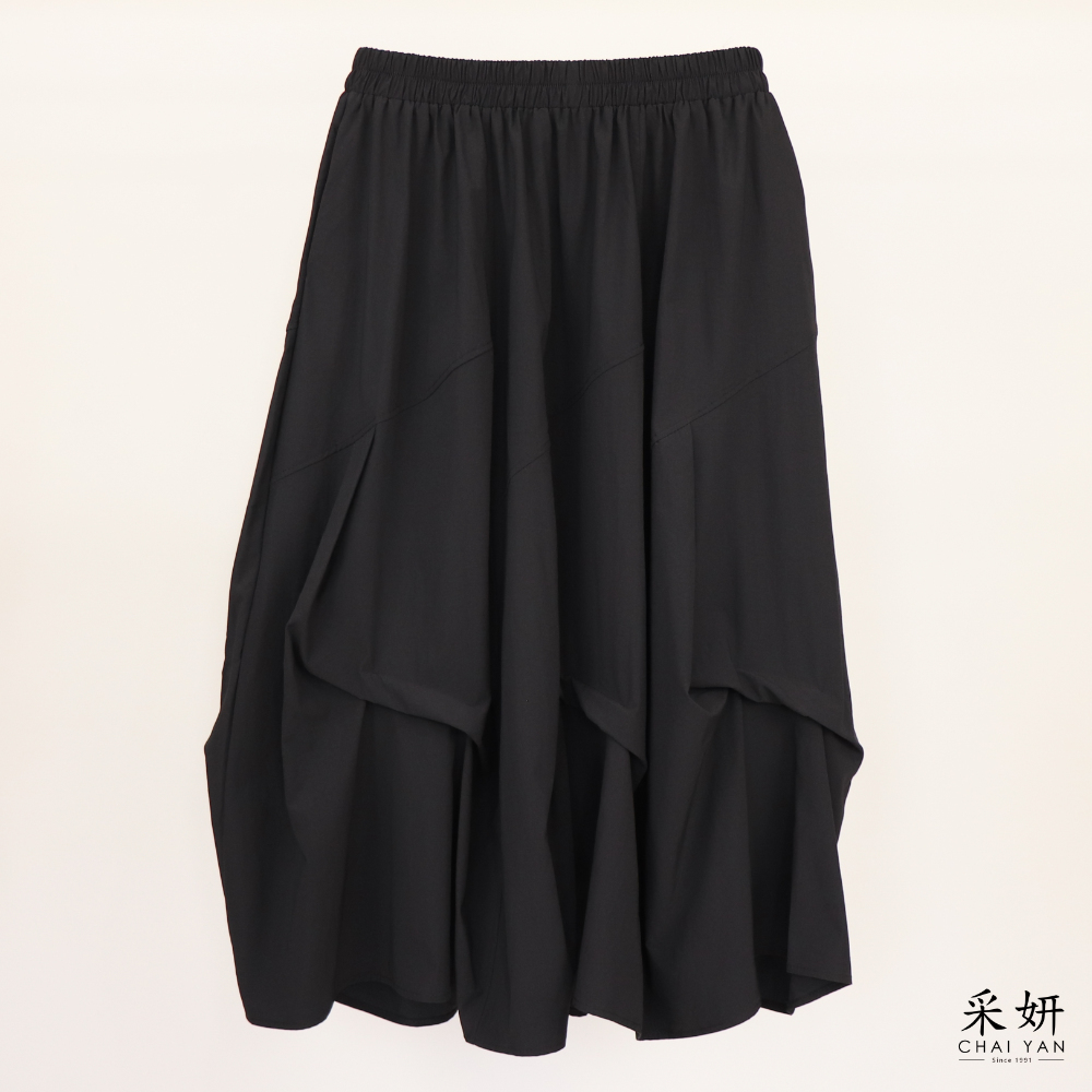 寬擺抓皺休閒長裙