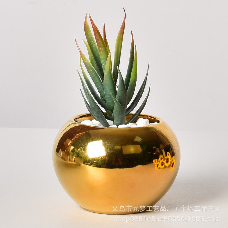 【台灣現貨速發】電鍍金陶瓷花盆 水培盆 ｜紋理陶瓷花盆 圓柱陶瓷花盆 圓形陶瓷花盆