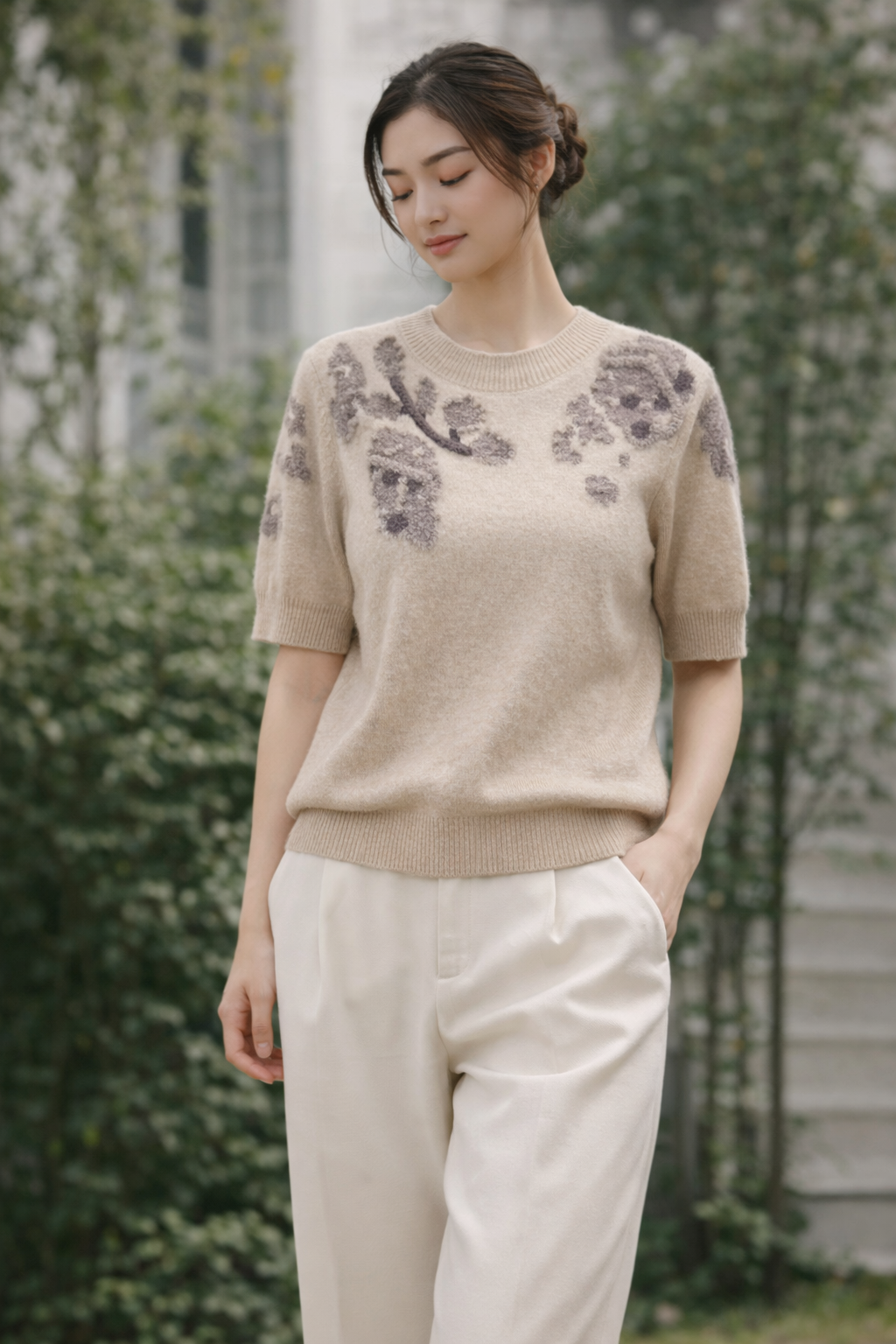 BD15271A1 刺繡樹花針織短袖上衣