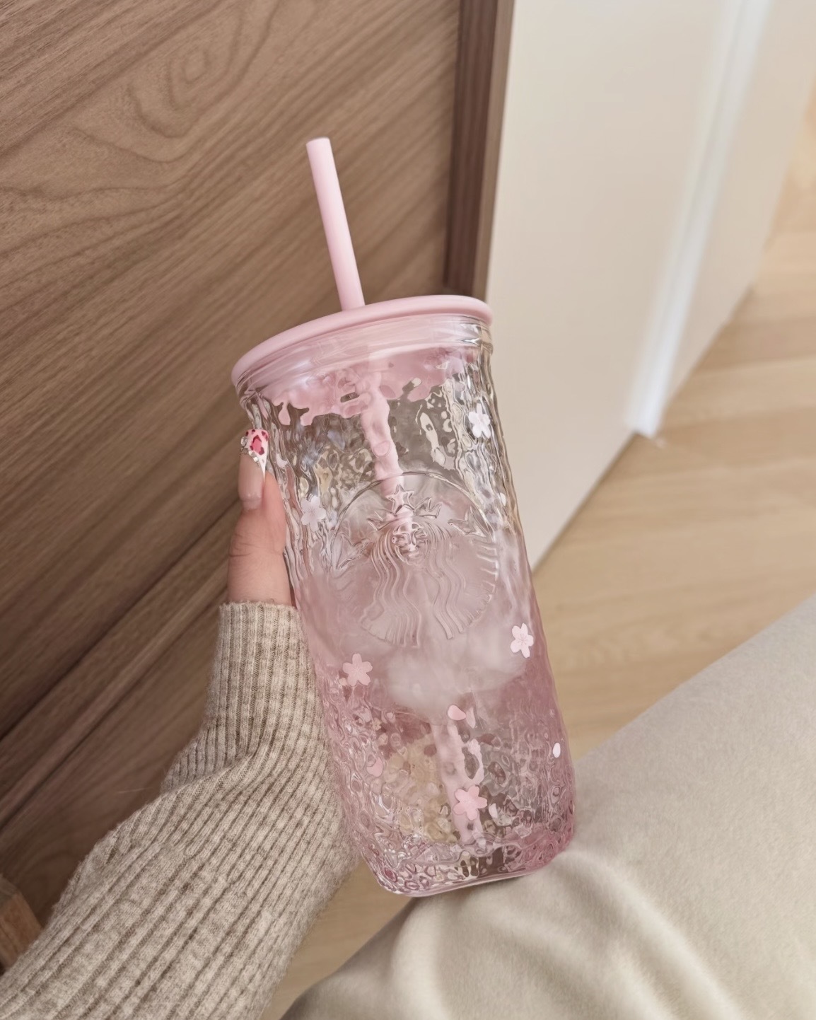 Starbucks 星巴克 萬花玫境系列 櫻花粉 浮雕 粉色 三角玻璃吸管杯 透明 500ml