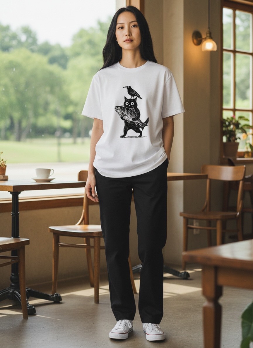 日常的溫柔陪伴｜黑貓插畫T-shirt 🐱