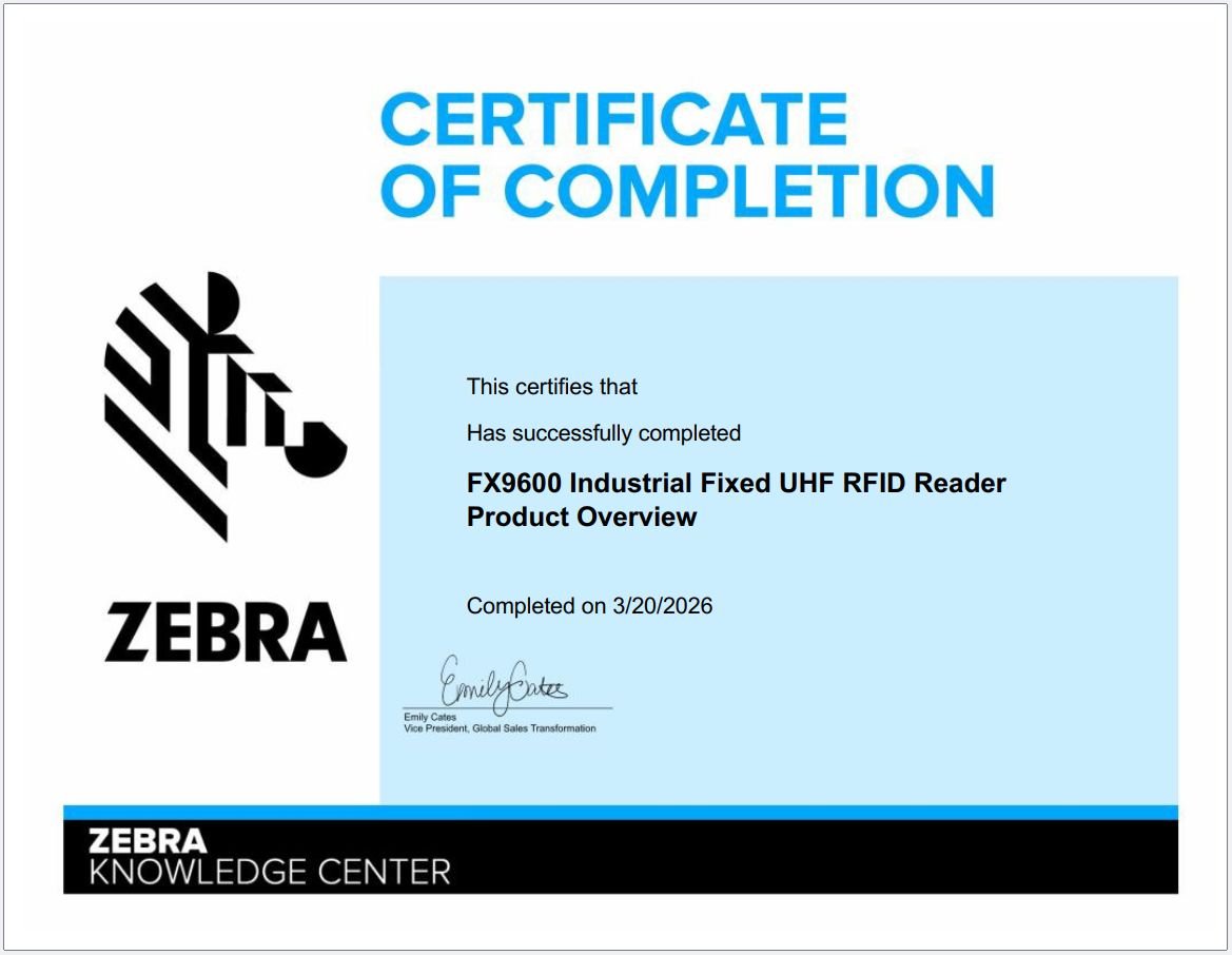 Zebra FX9600 工業級固定式 UHF RFID 超高頻射頻識別讀取器證書