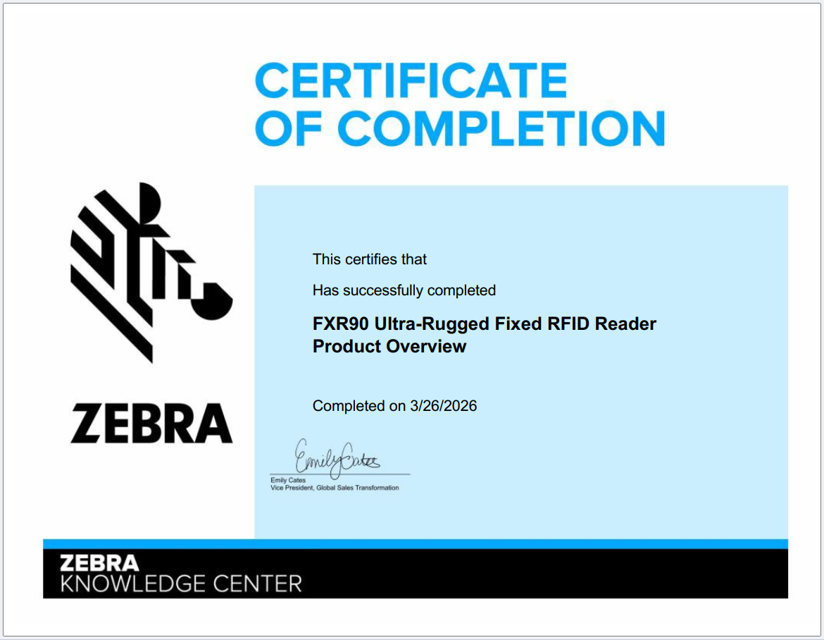 Zebra FXR90 超堅固 固定式 RFID 射頻識別讀取器證書