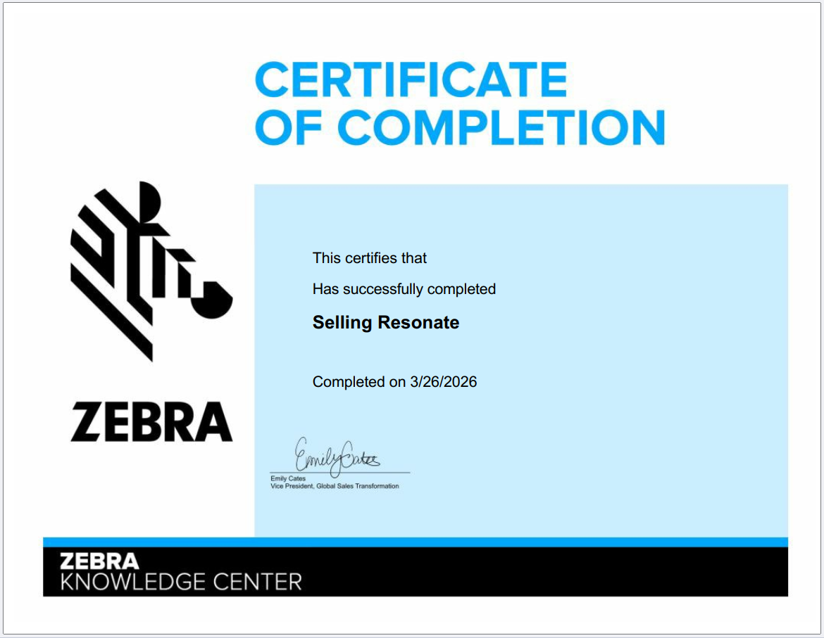 Zebra Selling Resonate 證書