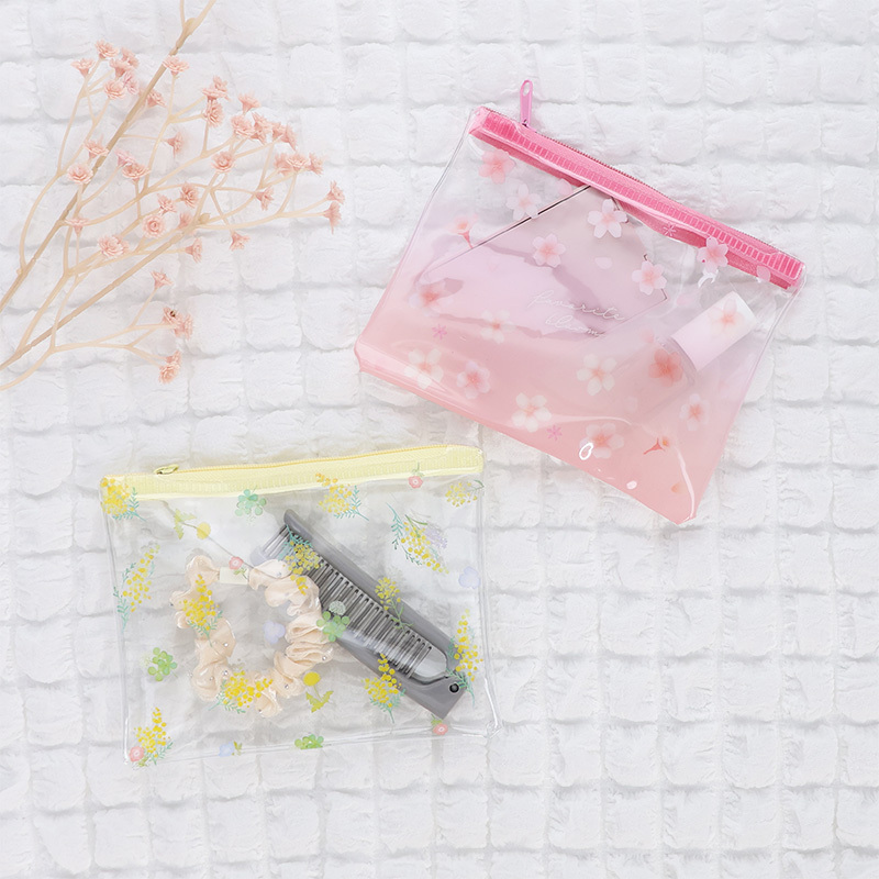 小物收納包/平面透明 櫻花、含羞草 14.5×11.5×0.76cm