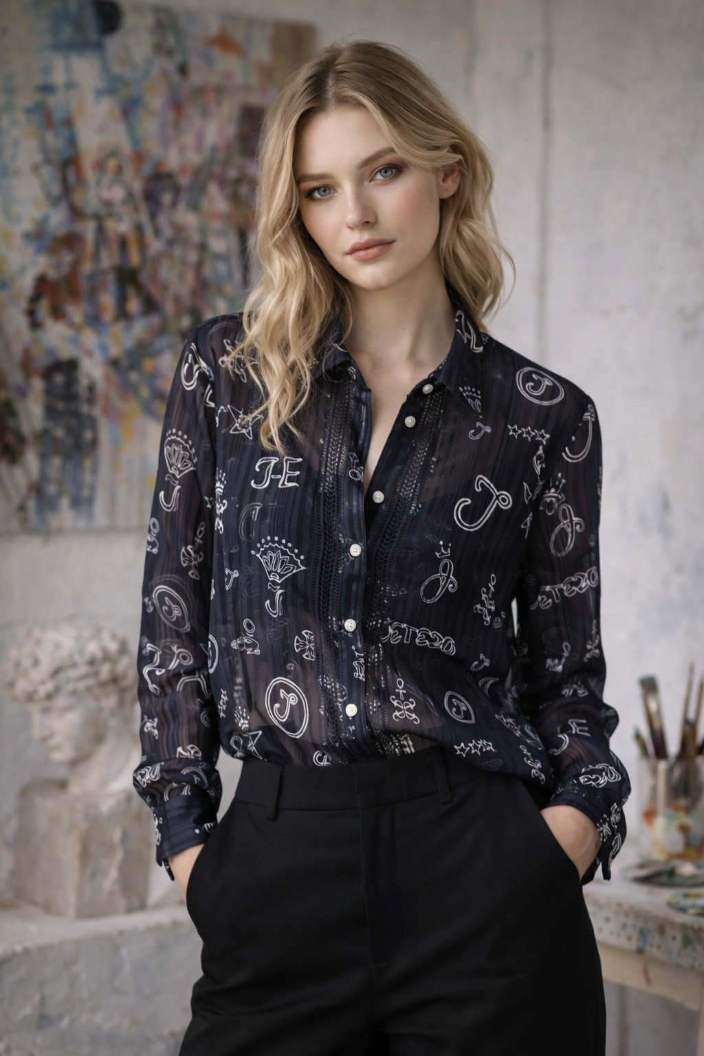 BC15012A1 logo 壁畫塗鴉水溶蕾絲鑲嵌襯衫 (附內搭)